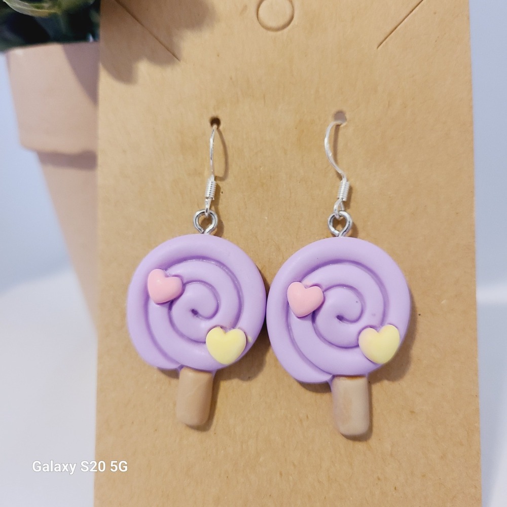 Handmade Purple w/Hearts Sucker Dangle Drop‎ Earrings Women's NEW Lightweight